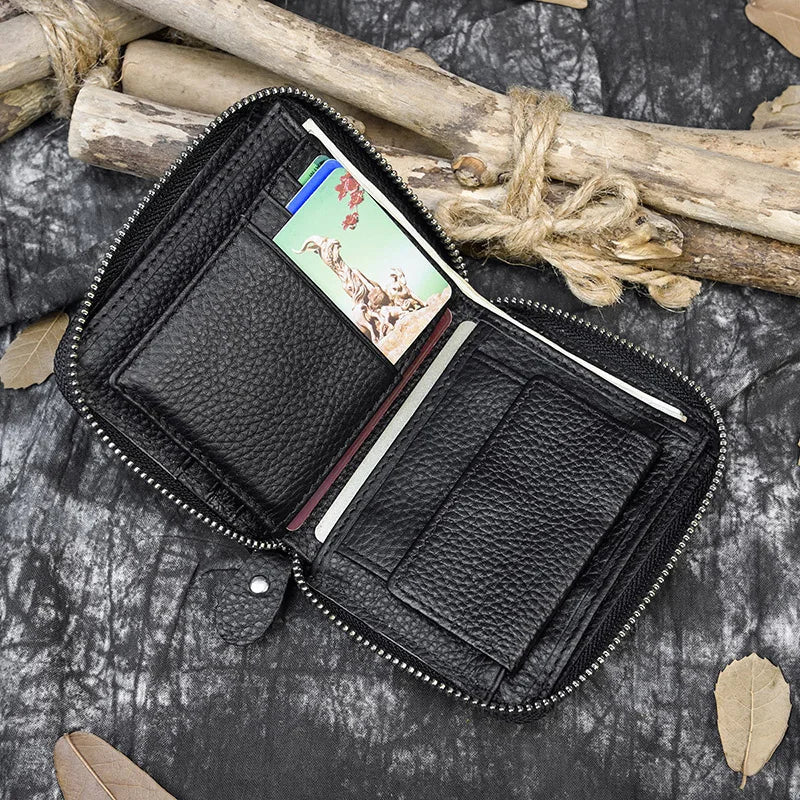 Luufan Genuine Leather Short Wallet Men Women Natural Cowskin Short Purse With Coin Pocket Zipper Around Card Purse Small Wallet