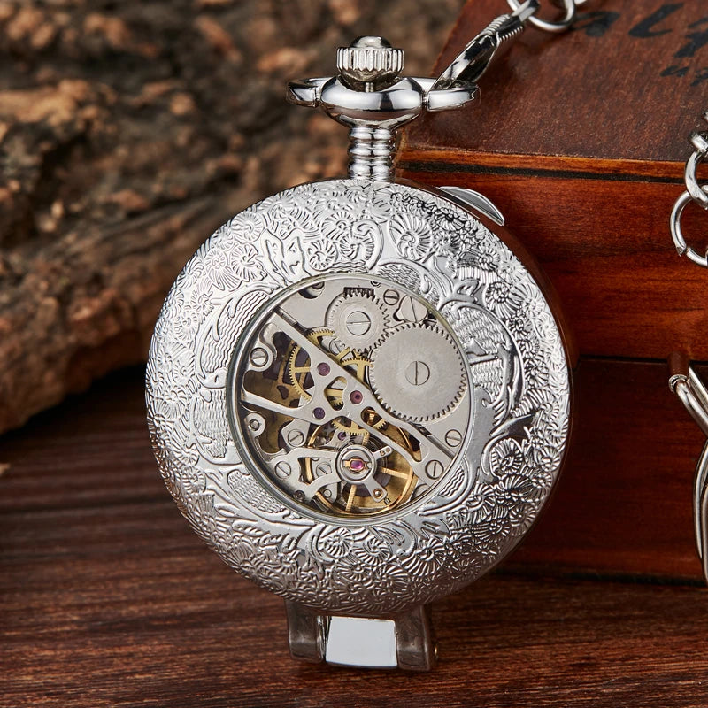 Gorben Transparent Cover Mechanical Pocket Watch Men Fashion Retro Casual Skeleton Dial Silver Hand Wind Male Fob Chain Watches