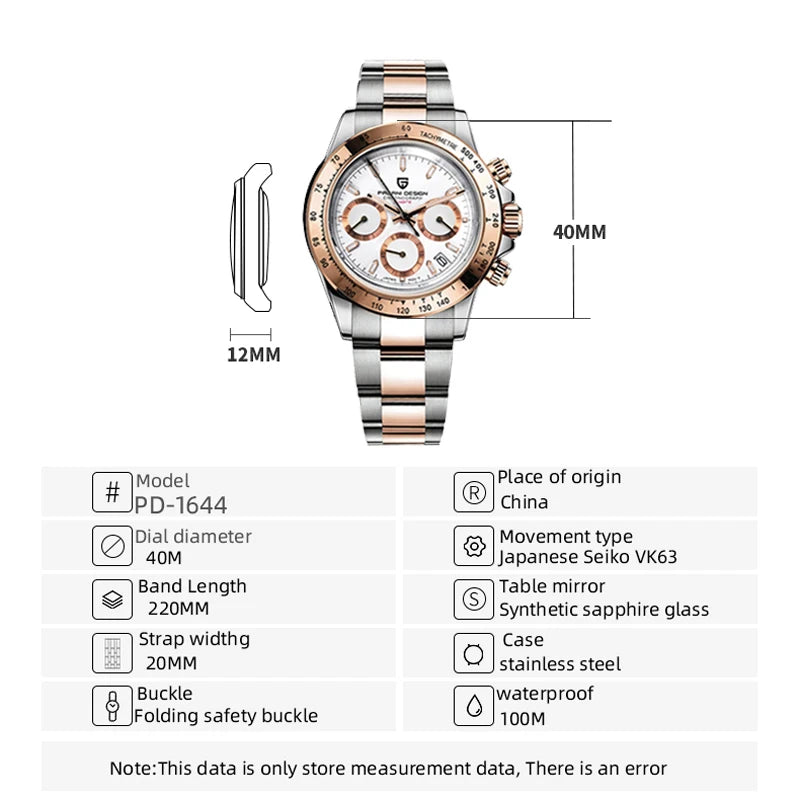 PAGANI DESIGN New Men's Watches Quartz Wristwatch Rose Gold Luxury Watch For Men Chronograph 100M Waterproof  VK63 Movt Clock