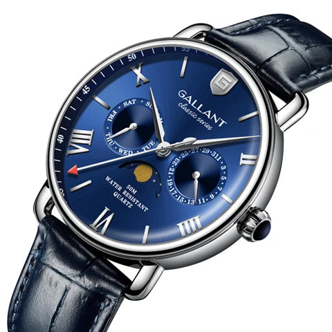 GALLANT Quartz Watch Luxury Moon Phase Leather Wristwatch Waterproof Dress Vintage Relogio Masculino