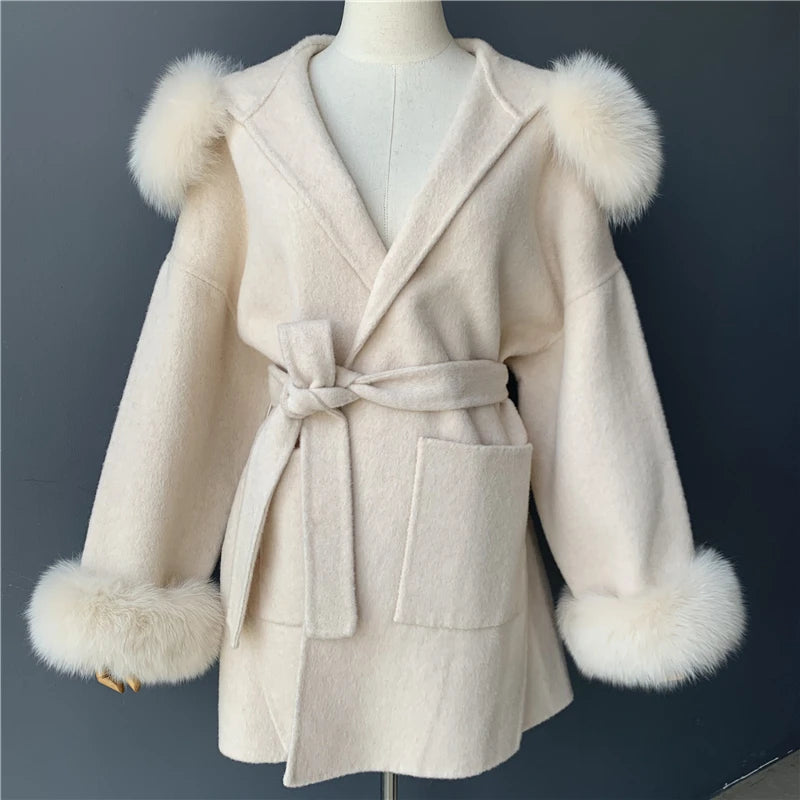 2024 Real Fur Coat Hood Winter Jacket Women 100% Natural Fox Fur Collar Cuffs Cashmere Wool Blend Oversize Outerwear New Loose