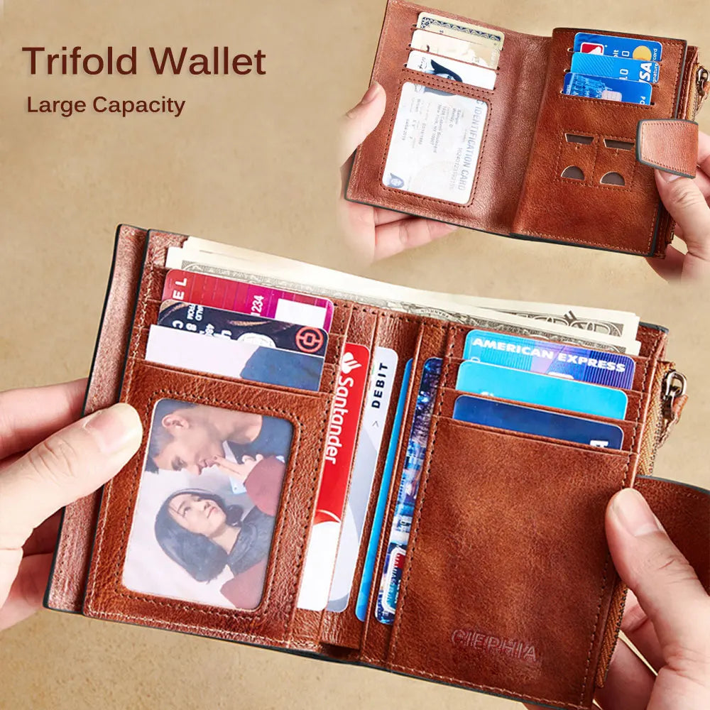 Men's Genuine Leather Wallet Vintage Short Multi Function Business Card Holder RFID Blocking Zipper Coin Pocket Money Clip