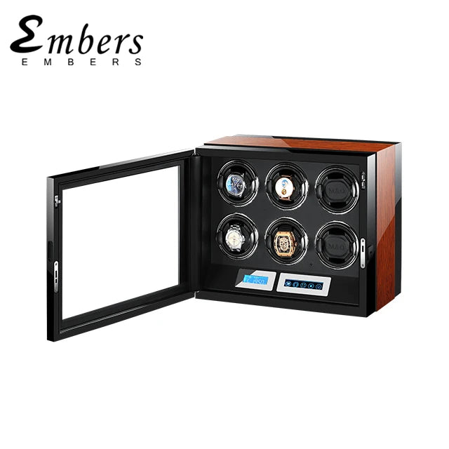 Luxury Mechanical Watch Winder Boxes Wood Smart Watches Box 6 Slots LED Display