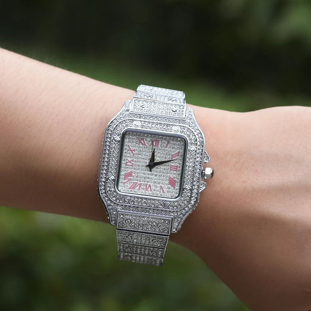THE BLING KING Iced Out Men Watch Square Diamond Pink Blue Numbers Quartz Luxury Wrist Watches Roman Clock Relogio Masculino