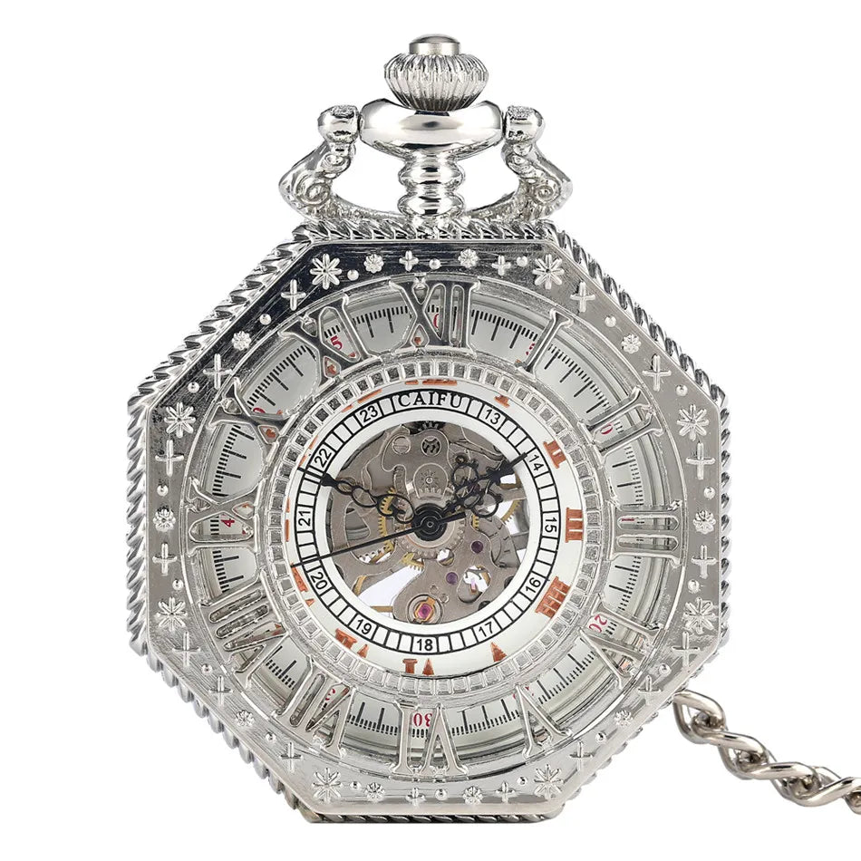 Antique Bronze/Black/Silver/Red Copper Octagon Hollow Roman Numerals Mechanical Pocket Watch Hand Winding Pendant Pocket Clock