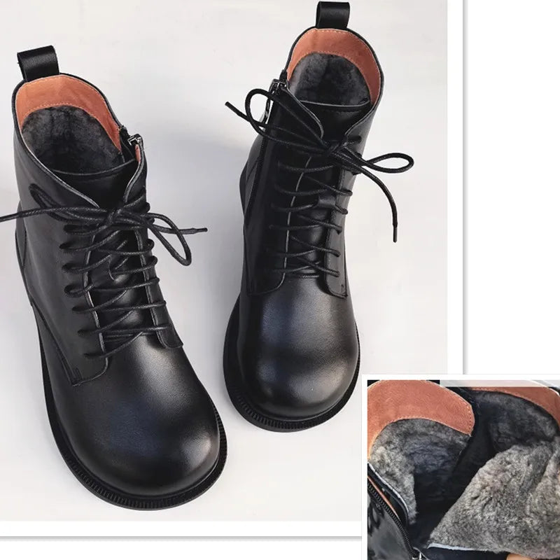 Careaymade-Genuine Leather women's boots,retro literature art big head wide edition medium short wool boots warm Casual boots