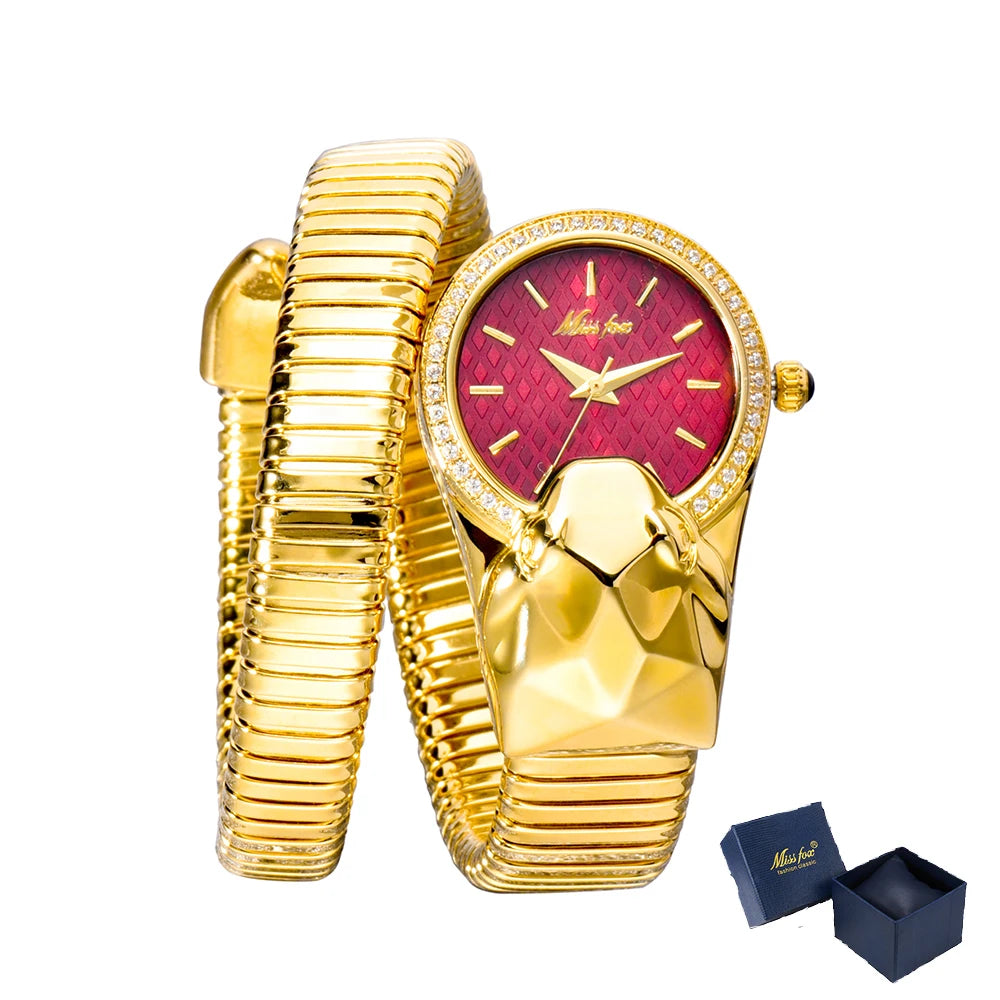 MISSFOX Snake Shape Diamond Watch For Women Luxury Brand Red Dial Ladies Gold Iced Out Watch Analog Quartz Movt Unique Watch