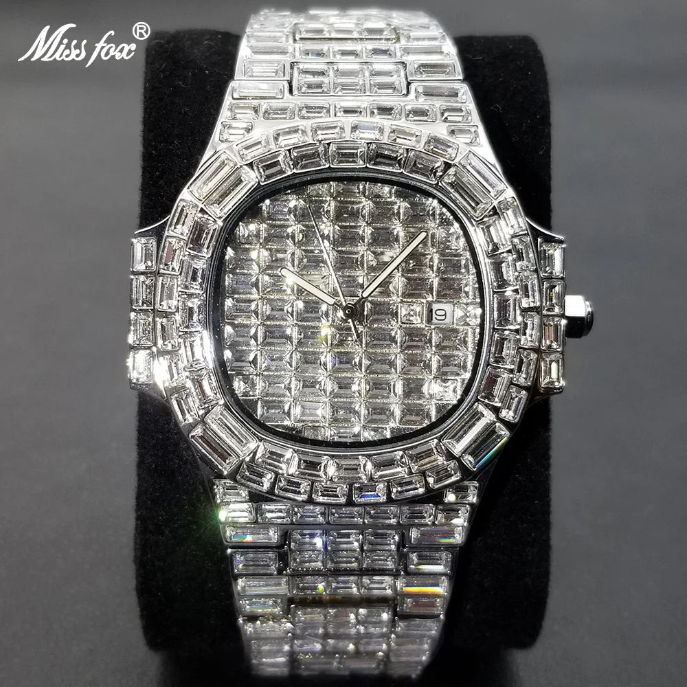 MISSFOX New Ice Out Watches For Men Top Brand Stainless Steel Automaitc Date Clock Fashion Hip Hop Full Diamond Bling Watch Male
