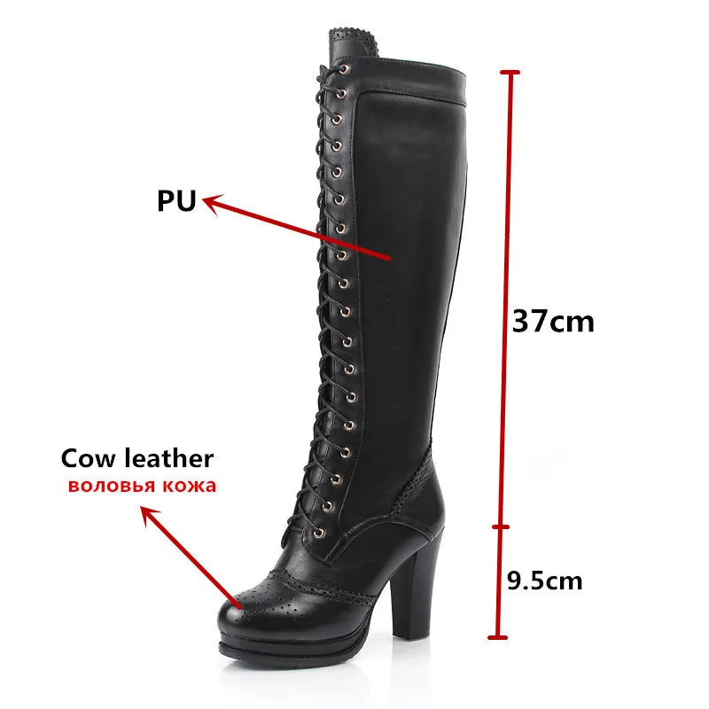 MORAZORA Plus size 34-43 New Genuine leather knee high boots women lace up platform high heels winter riding boots female shoes