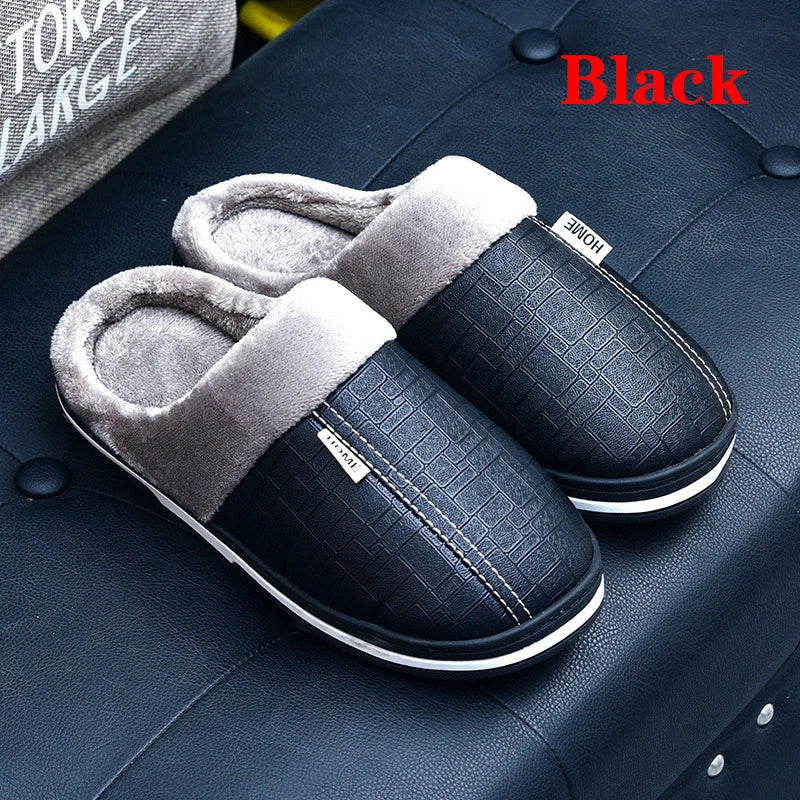 New Women Winter Slippers Indoor PU Leather Waterproof Cotton slippers Warm Home Fur Couple Non-slip Slipper Platform Shoes