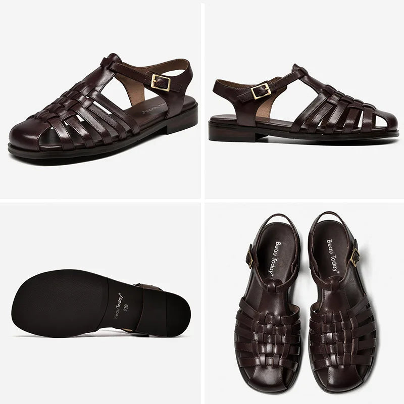 BEAUTODAY Gladiator Sandals Women Genuine Cow Leather Cover Toe Ankle Buckle Strap Ladies Retro Summer Flat Shoes Handmade 33037