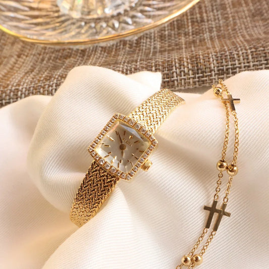 18K gold plated new designer Women Watches Mini-square Luxury Diamond-encrusted  Gold Watch Ladies High-end Watches Gifts