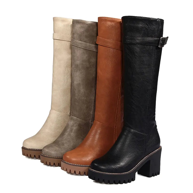 Lasyarrow Women Knee high Boots Autumn Winter Lace Up Thick High Heel Shoes Sexy punk PU Retro Buckle women shoes Ladies Boots