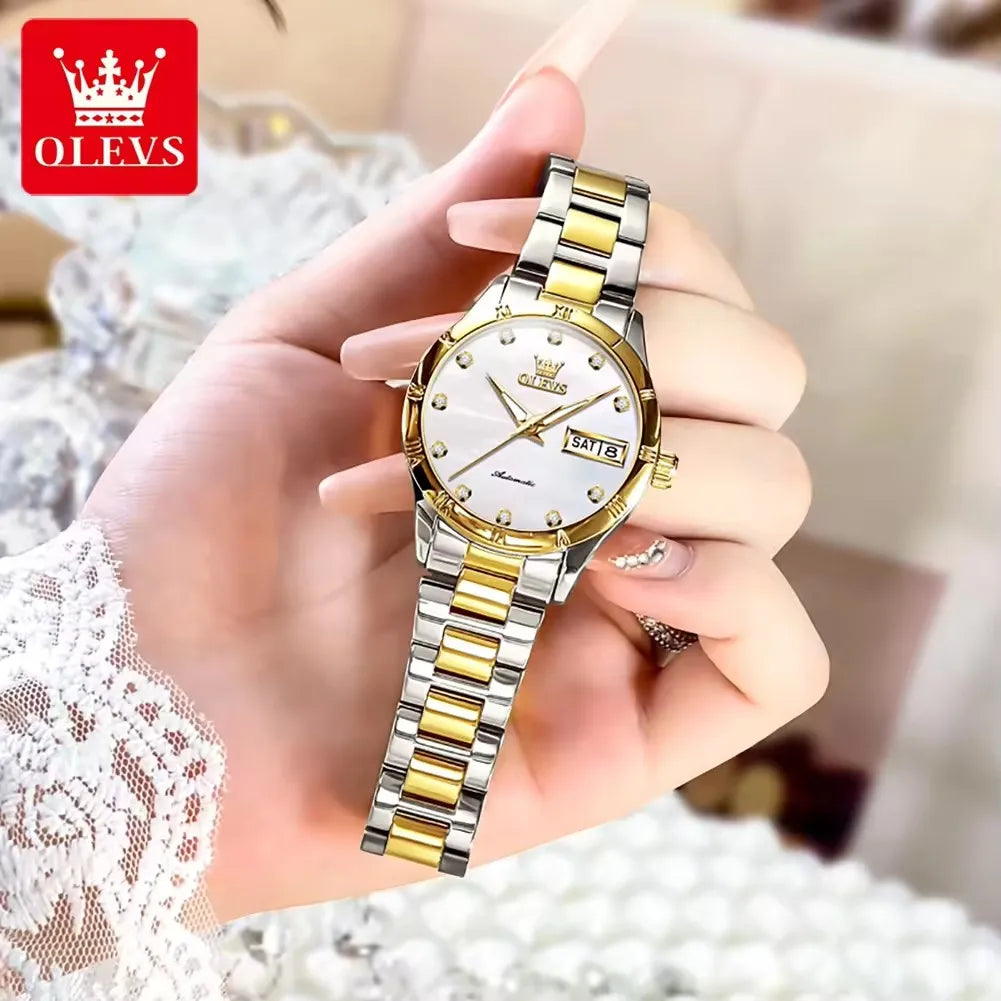 OLEVS 7030 Luminous Hands Diamond Watch Date Display Complete Calendar Function Automatic Mechanical Women's Watches for Ladies