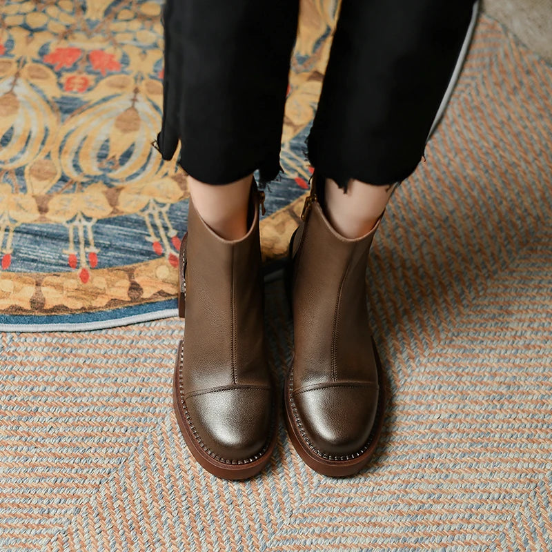 FEDONAS Retro Mature Female Concise Women Ankle Boots Genuine Leather Thick Heels Autumn Winter Side Zipper Office Shoes Woman