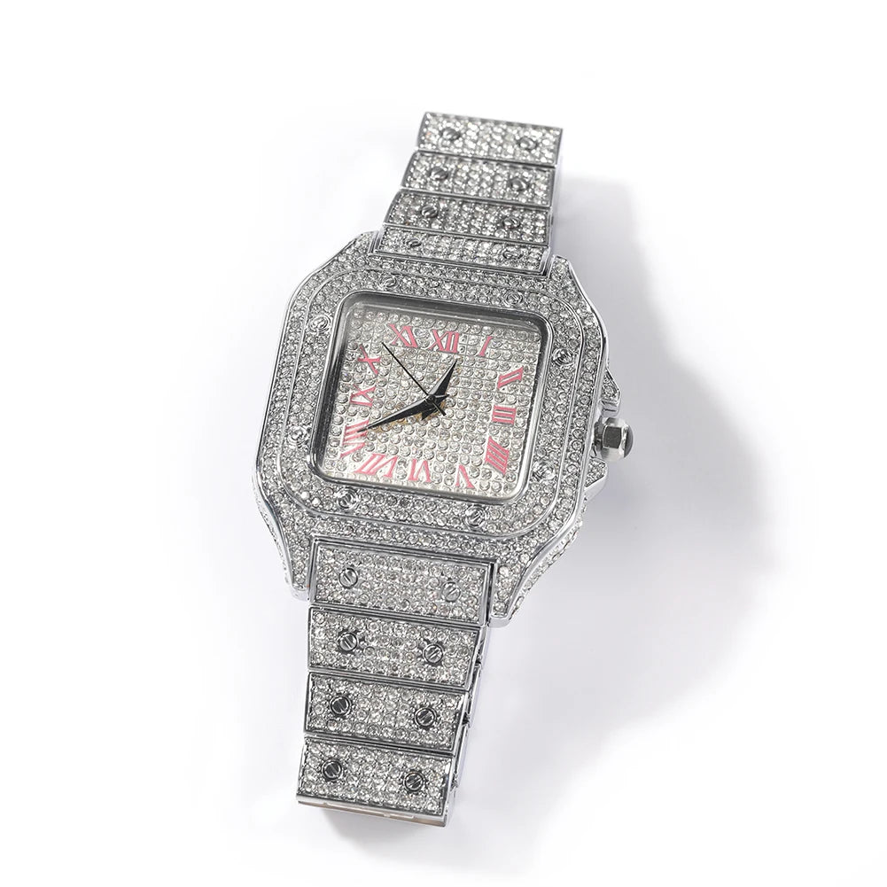 THE BLING KING Iced Out Men Watch Square Diamond Pink Blue Numbers Quartz Luxury Wrist Watches Roman Clock Relogio Masculino