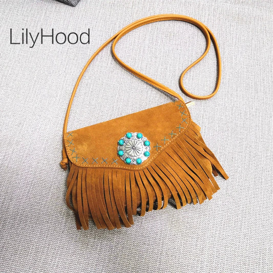 Female Genuine Leather Bohemian Gypsy Handbag 2025 Fashion Natural Suede Fringes Tribal Boho Chic Small Messenger Bag for Women