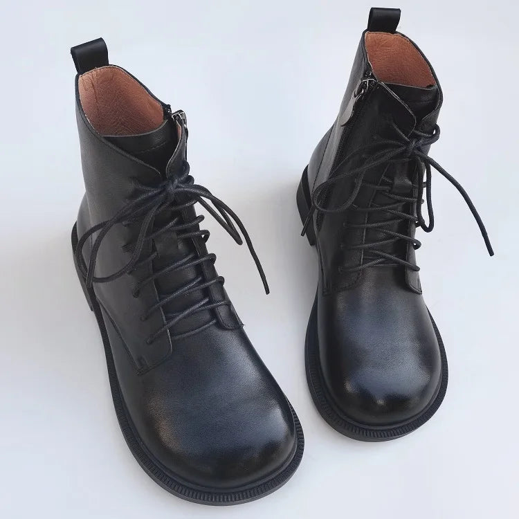 Careaymade-Genuine Leather women's boots,retro literature art big head wide edition medium short wool boots warm Casual boots