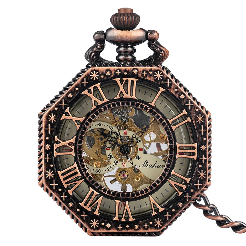 Antique Bronze/Black/Silver/Red Copper Octagon Hollow Roman Numerals Mechanical Pocket Watch Hand Winding Pendant Pocket Clock