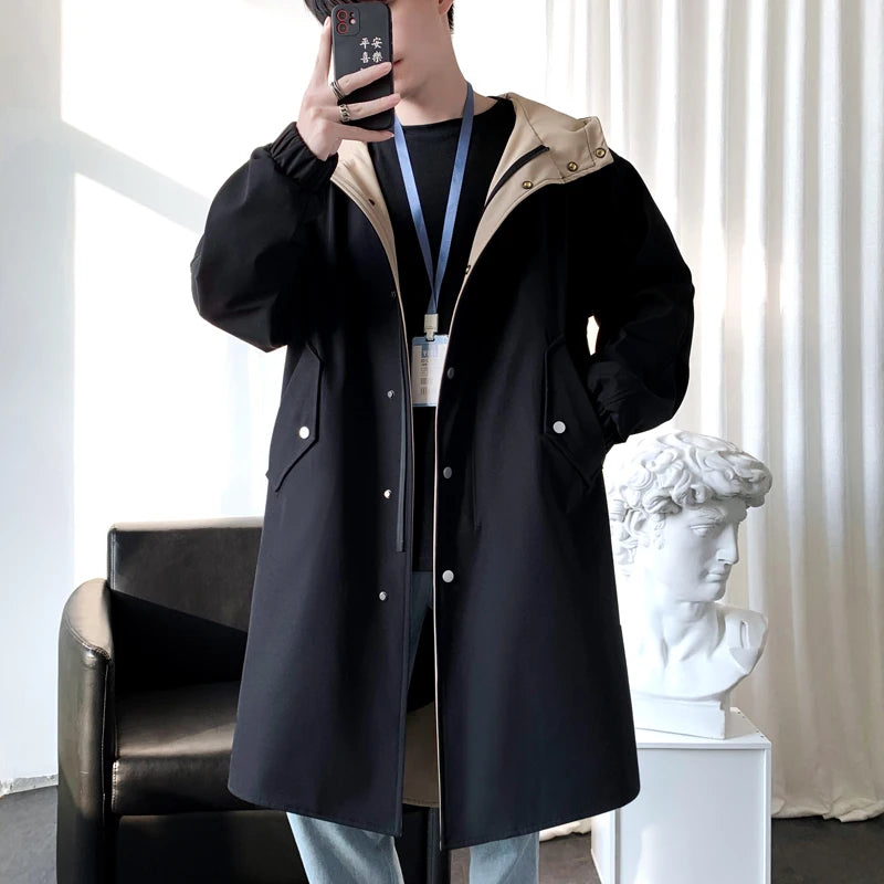 2024 spring Long style coat men's High quality casual trench coat , casual hoooded jackets men,Men's Clothing  Windbreakers FY33