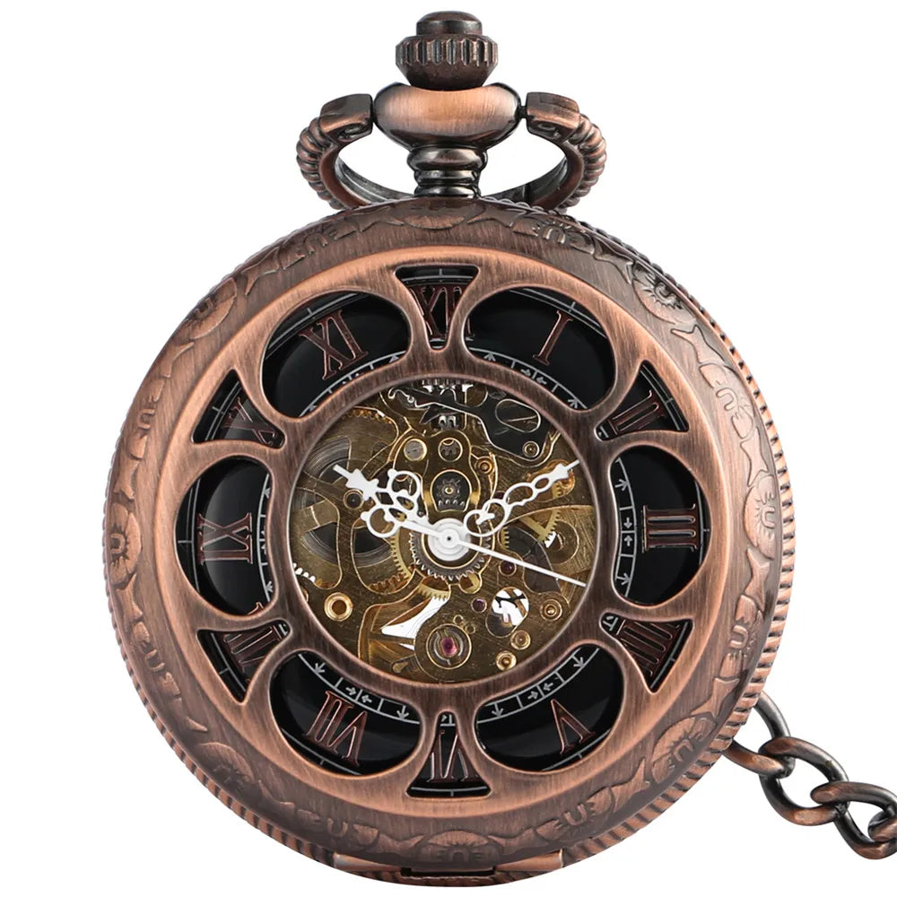 Rose Gold/Black Pumpkin Flower Hollow Mechanical Pocket Watch Roman Numerals Display Luxury Pendant Pocket Clock Gift with Chain