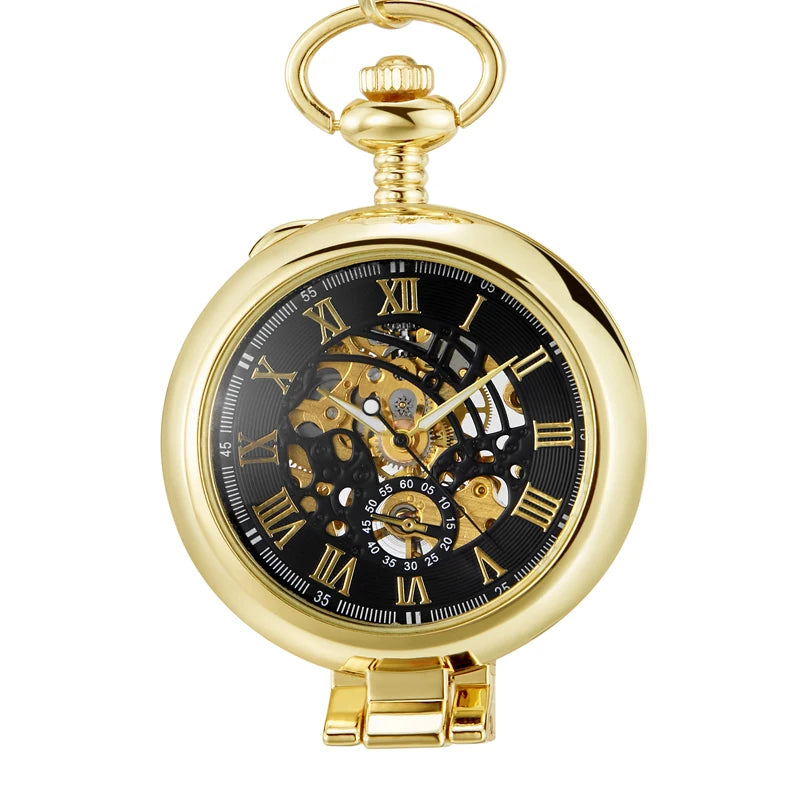 Gorben Transparent Cover Mechanical Pocket Watch Men Fashion Retro Casual Skeleton Dial Silver Hand Wind Male Fob Chain Watches