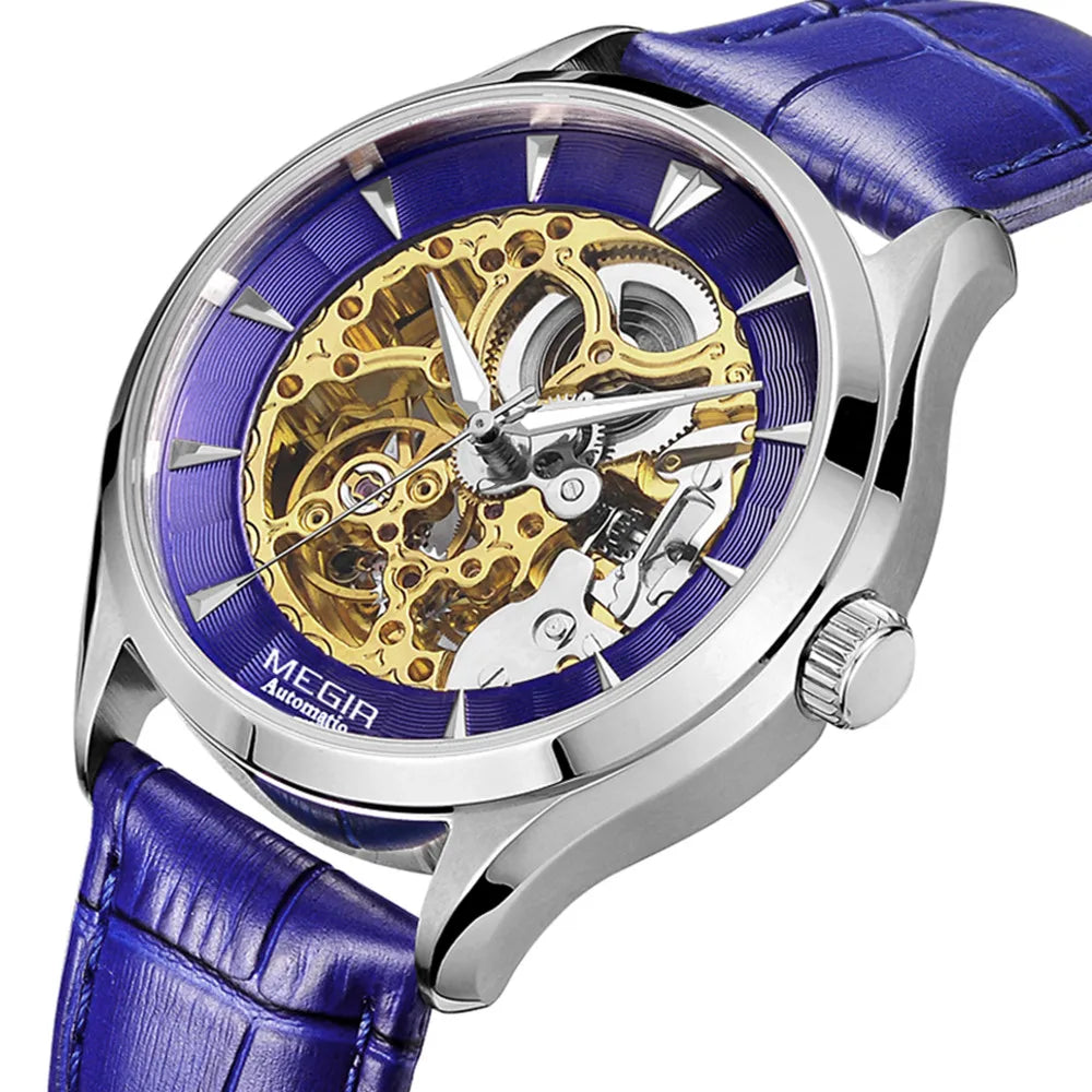 MEGIR Men's Watches Hollow Out Mechanical Watch Automatic Waterproof Wristwatch Leather Strap Business Casual Clock 62020