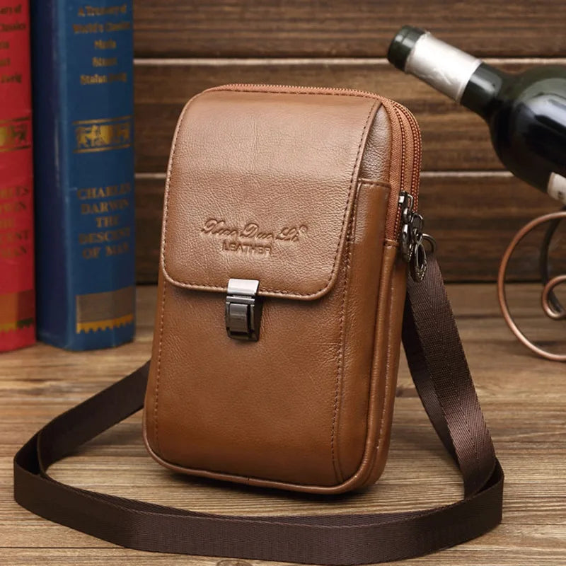 Men Messeger Bag Genuine Leather Flap Solid Multifunction Crossbody Phone Pouch Mobile Phone Credit Card Storage Bags