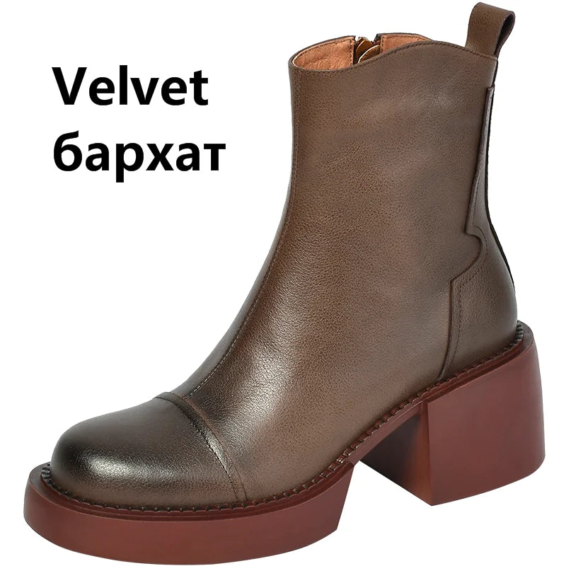 FEDONAS Retro Mature Female Concise Women Ankle Boots Genuine Leather Thick Heels Autumn Winter Side Zipper Office Shoes Woman