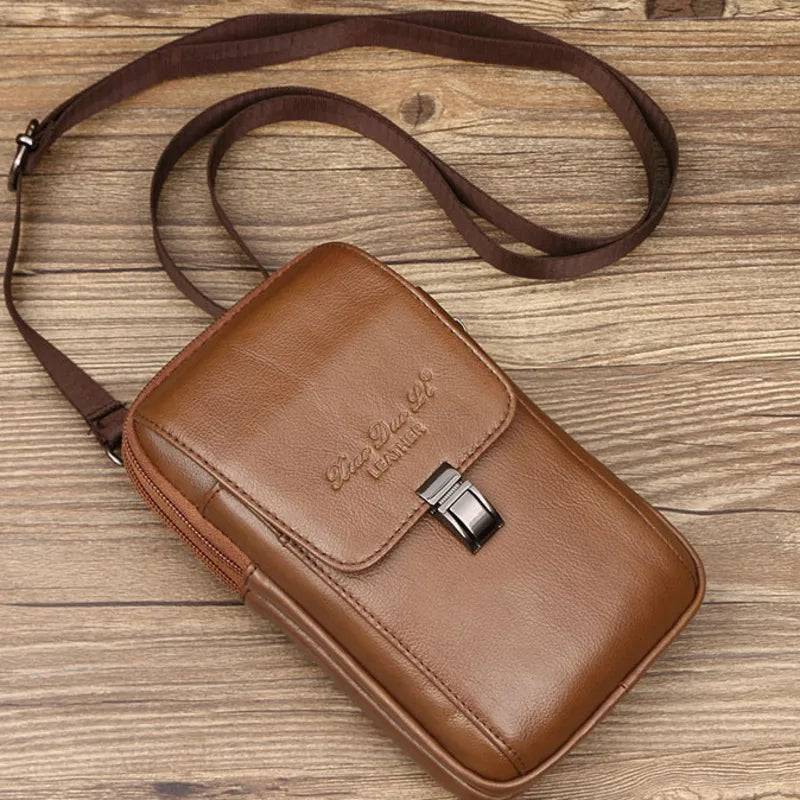 Men Messeger Bag Genuine Leather Flap Solid Multifunction Crossbody Phone Pouch Mobile Phone Credit Card Storage Bags