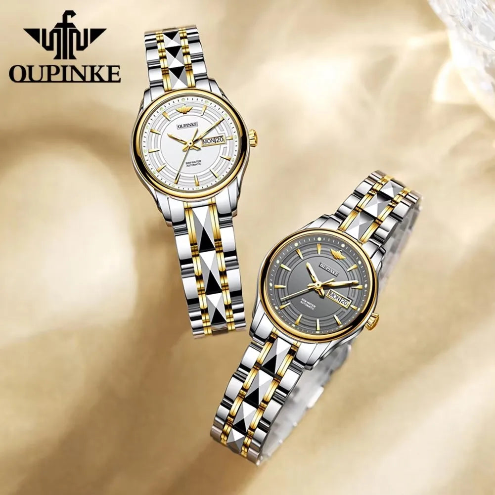 OUPINKE 3170 Women's Watches Fashion Tungsten Steel Strap Waterproof Dual Calendar Ladies Wristwatches Automatic Mechanical Watch