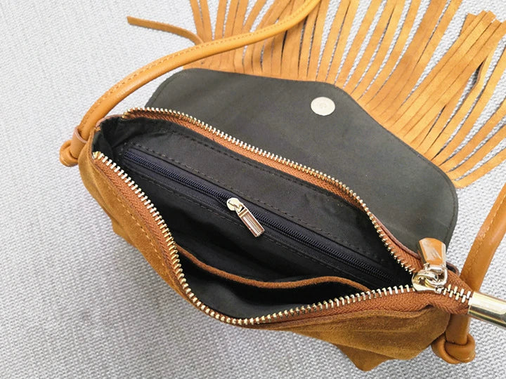 Female Genuine Leather Bohemian Gypsy Handbag 2025 Fashion Natural Suede Fringes Tribal Boho Chic Small Messenger Bag for Women