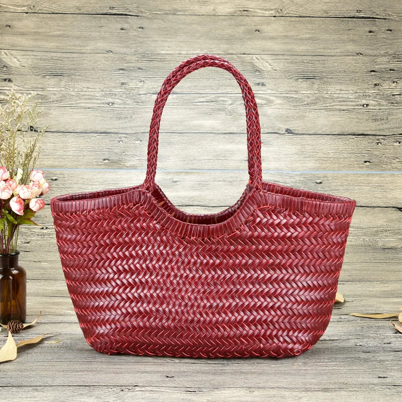 Hand Knitted Designer Genuine Leather Elegant Handle Female Totes Vintage Women's Handbag Cowskin Lady Large Shoulder Bag