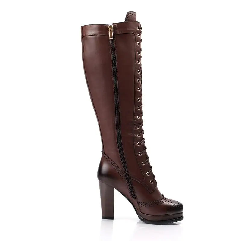 MORAZORA Plus size 34-43 New Genuine leather knee high boots women lace up platform high heels winter riding boots female shoes