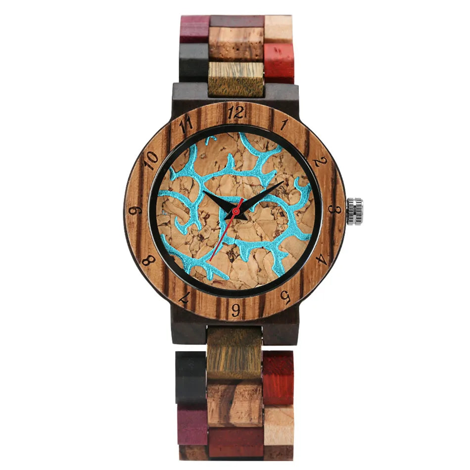 Full Wood Women Bracelet Watch Blue Lava Dial Mixed Color Wooden Watch Band Trend Lady Quartz Wristwatch Female Timepiece