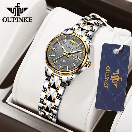 OUPINKE 3170 Women's Watches Fashion Tungsten Steel Strap Waterproof Dual Calendar Ladies Wristwatches Automatic Mechanical Watch