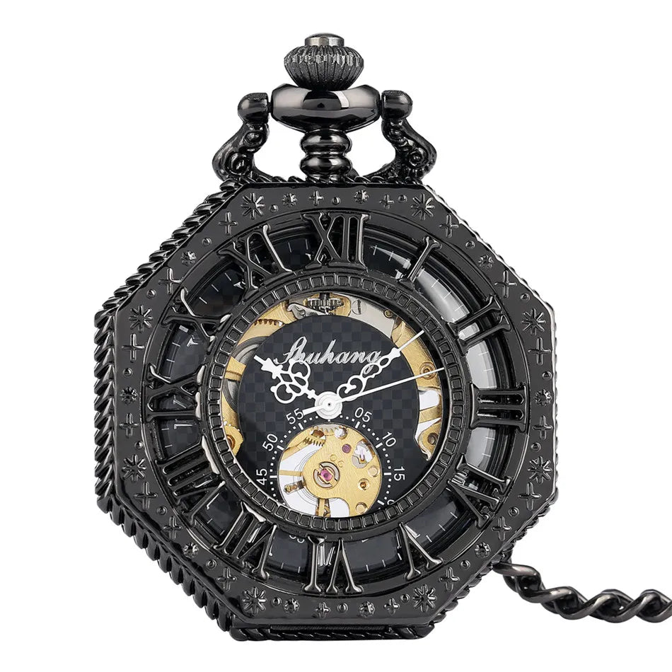 Antique Bronze/Black/Silver/Red Copper Octagon Hollow Roman Numerals Mechanical Pocket Watch Hand Winding Pendant Pocket Clock