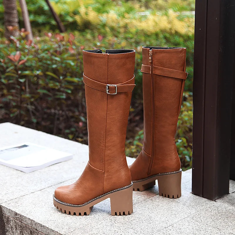 Lasyarrow Women Knee high Boots Autumn Winter Lace Up Thick High Heel Shoes Sexy punk PU Retro Buckle women shoes Ladies Boots