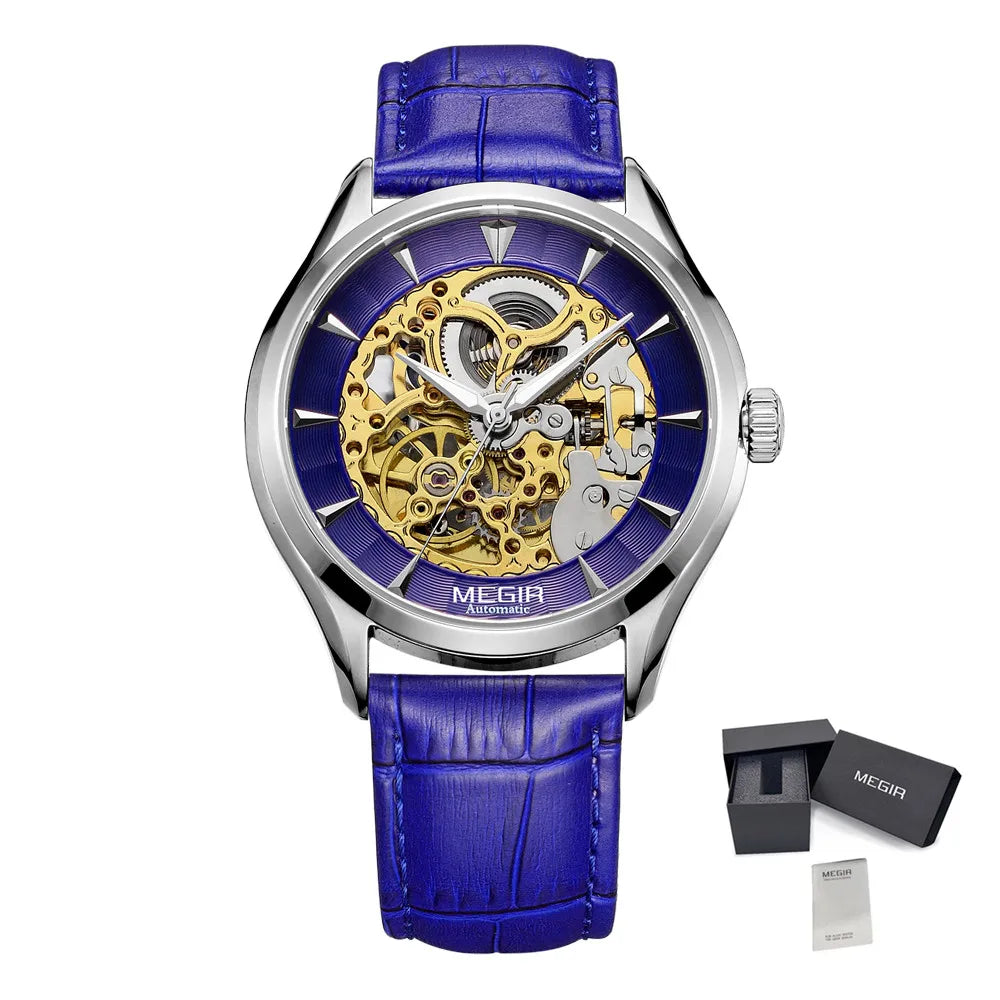 MEGIR Men's Watches Hollow Out Mechanical Watch Automatic Waterproof Wristwatch Leather Strap Business Casual Clock 62020