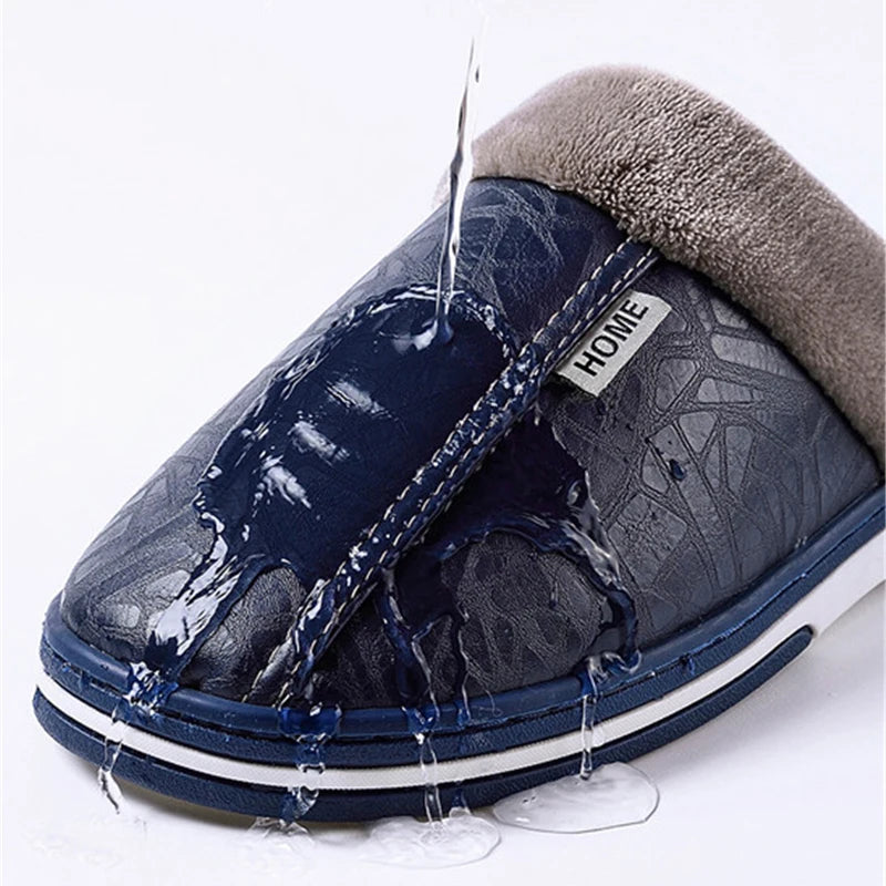 New Women Winter Slippers Indoor PU Leather Waterproof Cotton slippers Warm Home Fur Couple Non-slip Slipper Platform Shoes