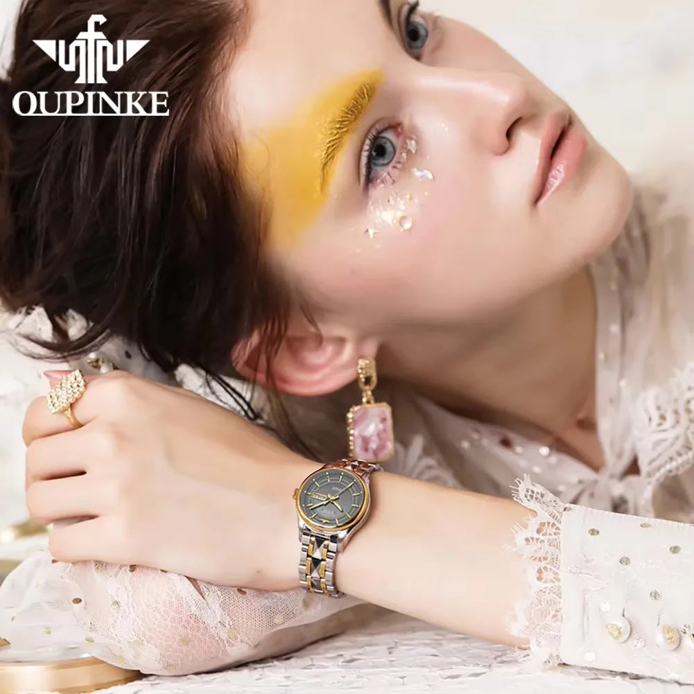 OUPINKE 3170 Women's Watches Fashion Tungsten Steel Strap Waterproof Dual Calendar Ladies Wristwatches Automatic Mechanical Watch