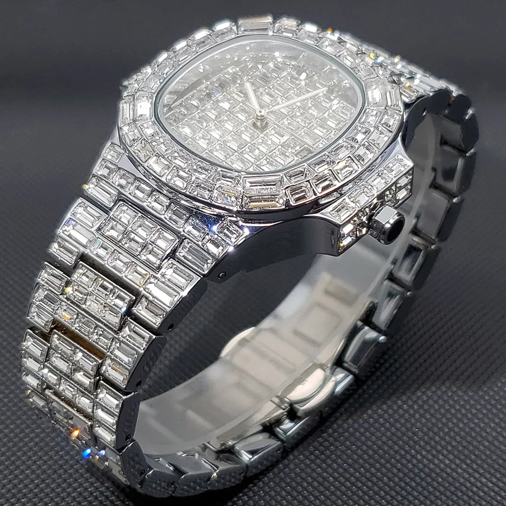 MISSFOX New Ice Out Watches For Men Top Brand Stainless Steel Automaitc Date Clock Fashion Hip Hop Full Diamond Bling Watch Male