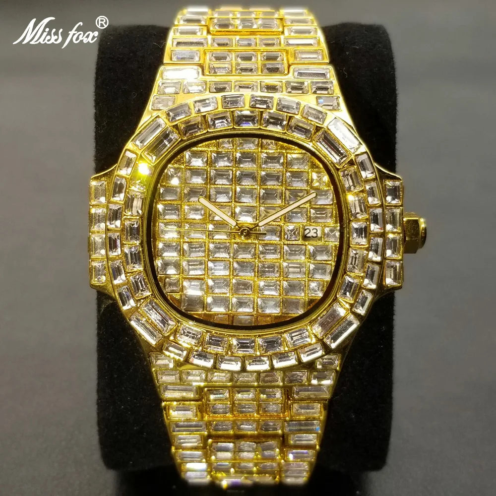MISSFOX New Ice Out Watches For Men Top Brand Stainless Steel Automaitc Date Clock Fashion Hip Hop Full Diamond Bling Watch Male