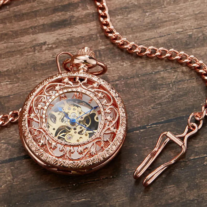 2023 Mechanical Pocket Watch Steampunk Pendent Chains Gold Skeleton Hand-winding Fob Watch Men Women Xmas gifts