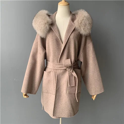 2024 Real Fur Coat Hood Winter Jacket Women 100% Natural Fox Fur Collar Cuffs Cashmere Wool Blend Oversize Outerwear New Loose