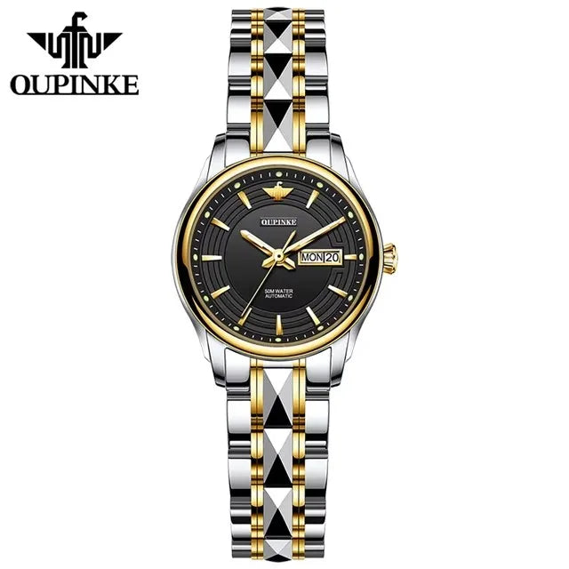OUPINKE 3170 Women's Watches Fashion Tungsten Steel Strap Waterproof Dual Calendar Ladies Wristwatches Automatic Mechanical Watch