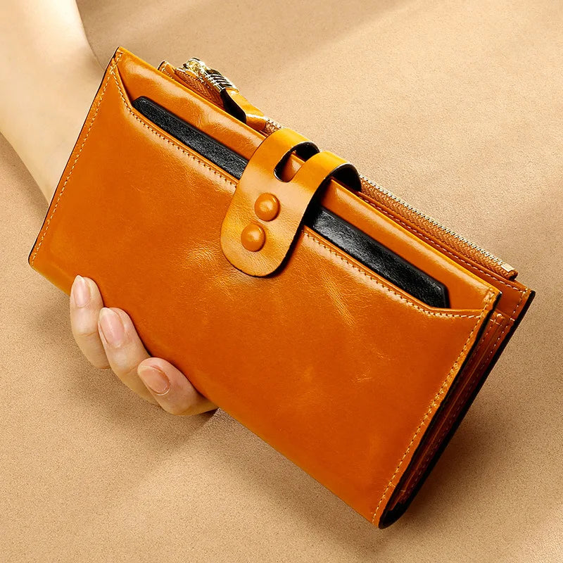 RFID Blocking Genuine Leather Women Wallet Long Lady Leather Purse Brand Design Luxury Oil Wax Leather Female Wallet Coin Purse
