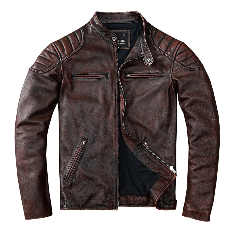 2023 Vintage Camel Yellow Genuine Leather Jacket Real Natural Cowhide Men Motorcycle Biker Coat Mens Slim Calf Skin Coat