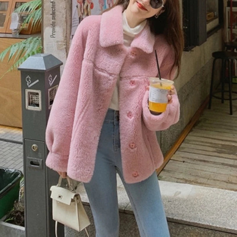 100% Wool Coat 2024 Autumn Winter Women Solid Lamb Fur Jacket Mujer One Fur Thick Warm Korean Sheep Shearing Short Manteau Femme