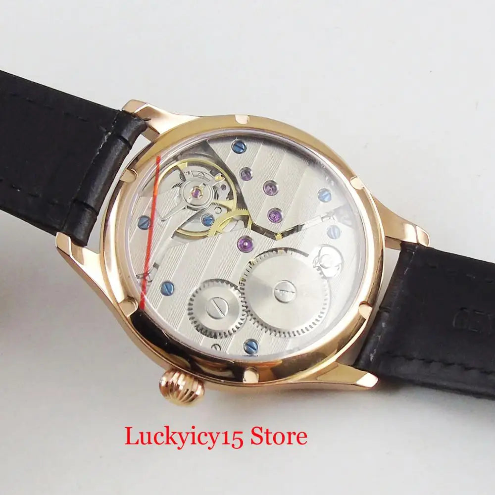 Rose Gold Hand Winding Round Wristwatch White Dial Gold Hand 6497 Movement 44mm Men Watches